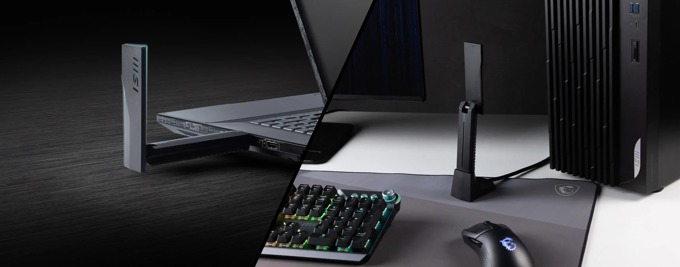 obrázek MSI BE6500 WiFi 7 připojený k PC a notebooku