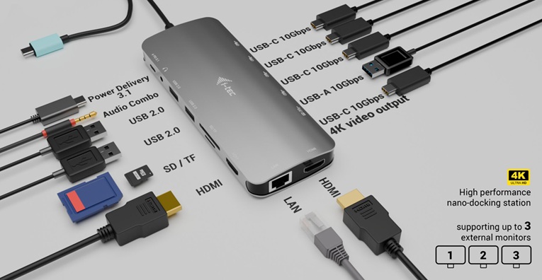 I-TEC USB-C Metal Nano 3× Display Dock se všemi konektory