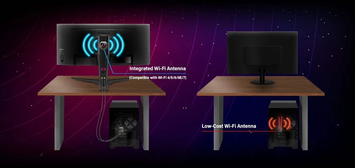 herní monitor ASRock PG32QF2B s připojenou Wi-Fi anténou