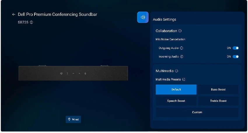 Dell Pro Premium Conferencing Soundbar SB725 nastavení