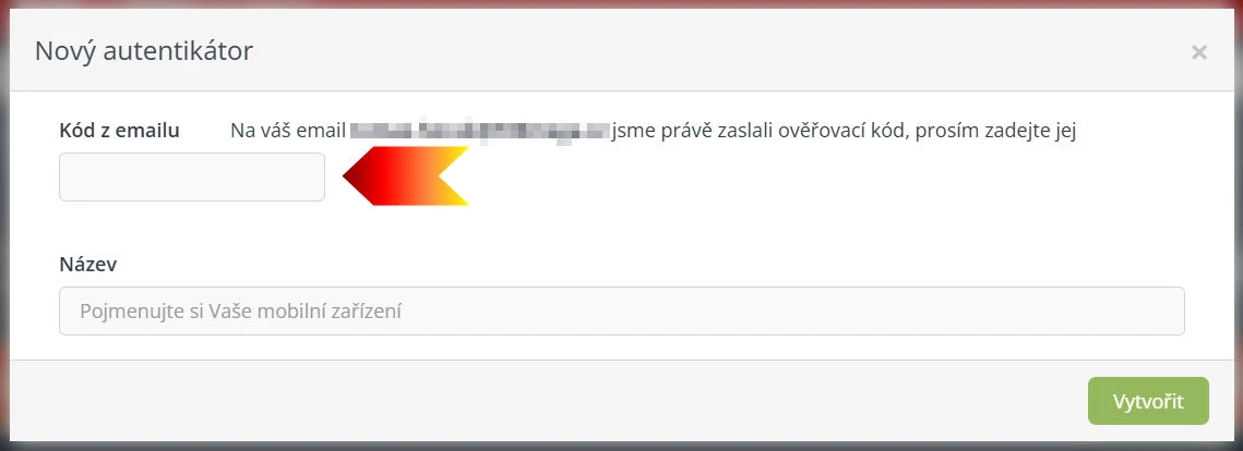 zadání kódu z e-mailu