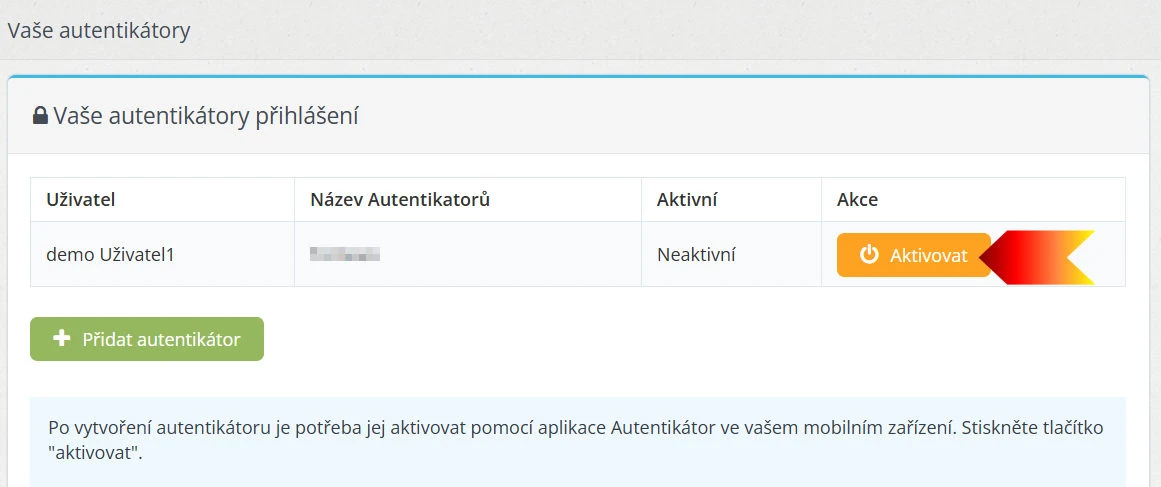 aktivace autentikátoru