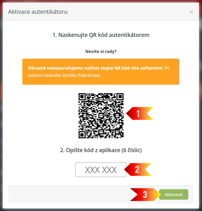 okno aktivace autentikátoru