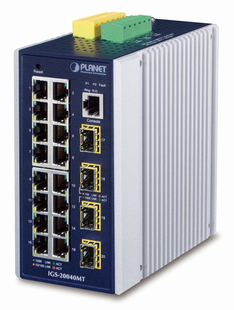 Planet IGS-20040MT, 16x 1000Base-T, 4x SFP, DIN, IP30, -40 až 75°C, WEB/SNMPv3, VLAN, IGMPv3, ESD+EFT, IPv6