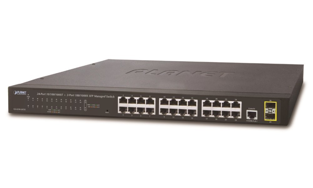 PLANET GS-4210-24T2S switch L2/L4, 24x 1000Base-T, 2x SFP, Web/SNMPv3, VLAN, QoS, IPv6, fanless