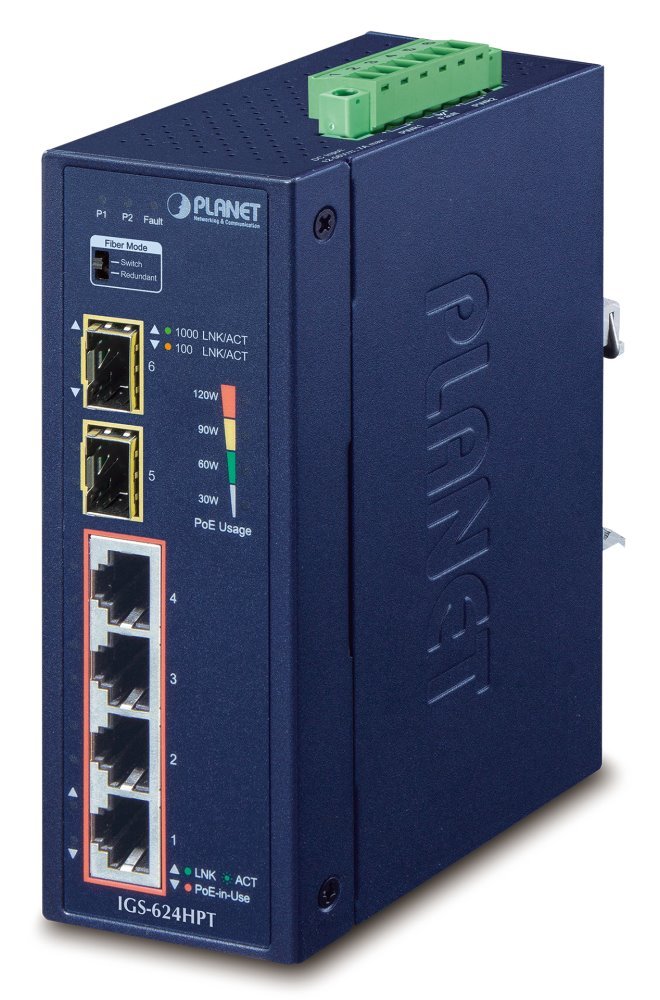 PLANET IGS-624HPT Průmyslový Switch 4x 10/100/1000M PoE+ + 2x 100/1000 SFP -40~+75°C, TB napájení 12-48VDC, DIN, managed