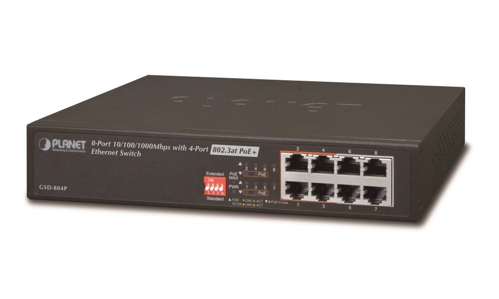 PLANET GSD-804Pv2 PoE switch 8x1000B-T, 4x PoE IEEE 802.3at do 60W, extend mód 10Mb, fanless