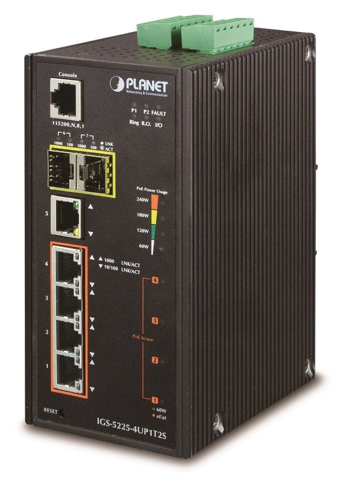 PLANET IGS-5225-4UP1T2S Průmyslový PoE Switch 4x 10/100/1000T Ultra PoE, 1x 10/100/1000T, 2x 100/1000X SFP, -40~+75°C