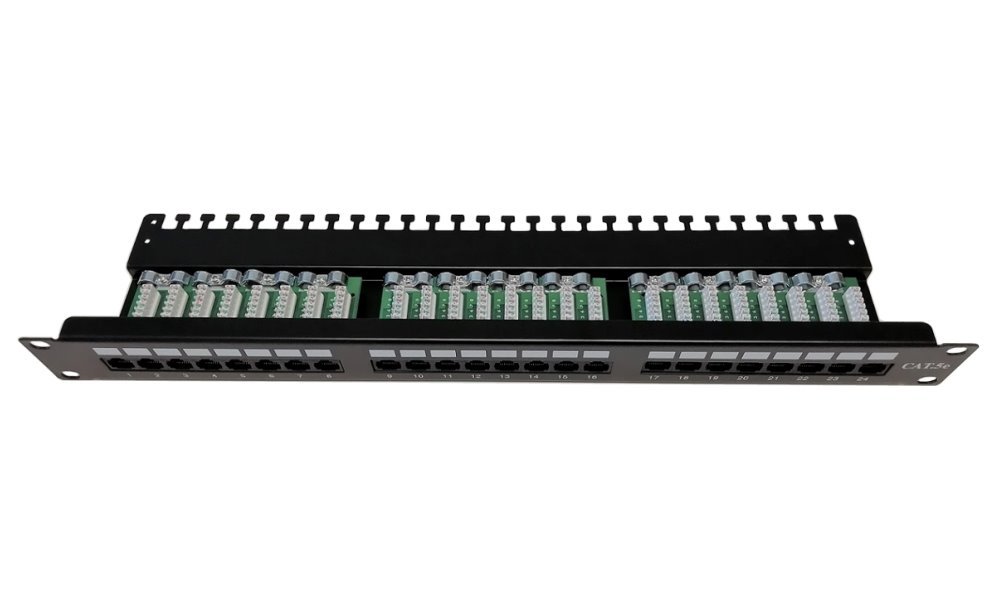 Patch panel 19", 24 portů, C5E, vyvazovací úchytky, 2xAu