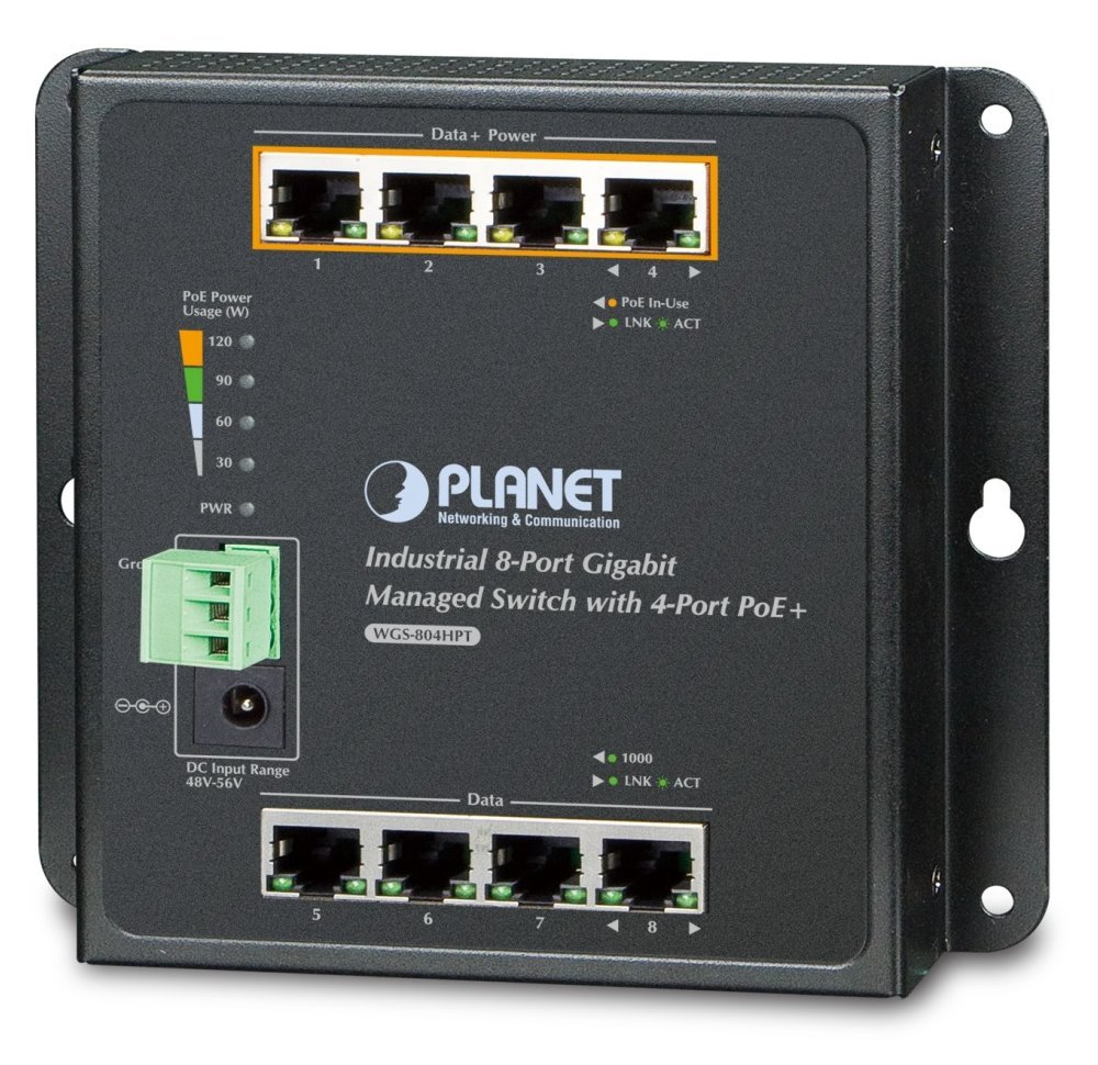 Planet WGS-804HPT nástěnný PoE switch 8x1000B-T,4x PoE IEEE 802.3at <120W, správa Web/SNMP,-40~75°C,fanless