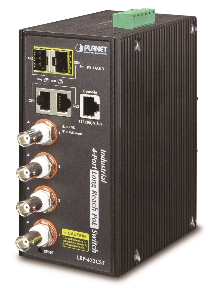 Planet LRP-422CST, průmysl.COAX PoE switch, 4x 100Base-TX, 2x SFP/TP, IEEE802.3at,Web/SNMPv3, -40~75°C,IP30