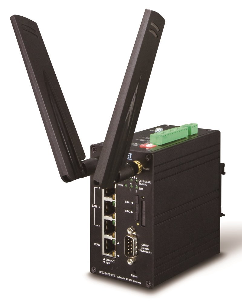 Planet ICG-2420-LTE IoT/M2M průmyslová brána, 1x WAN+3x LAN, 3x COM, I/O, VPN router, DIN, IP40, -20 až 75C