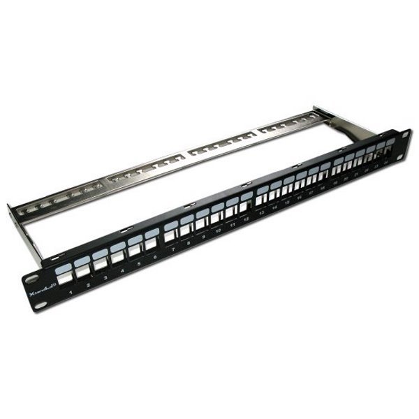 Patch panel 19", 24 portů, neosazený, stíněný, černý, CAT6A