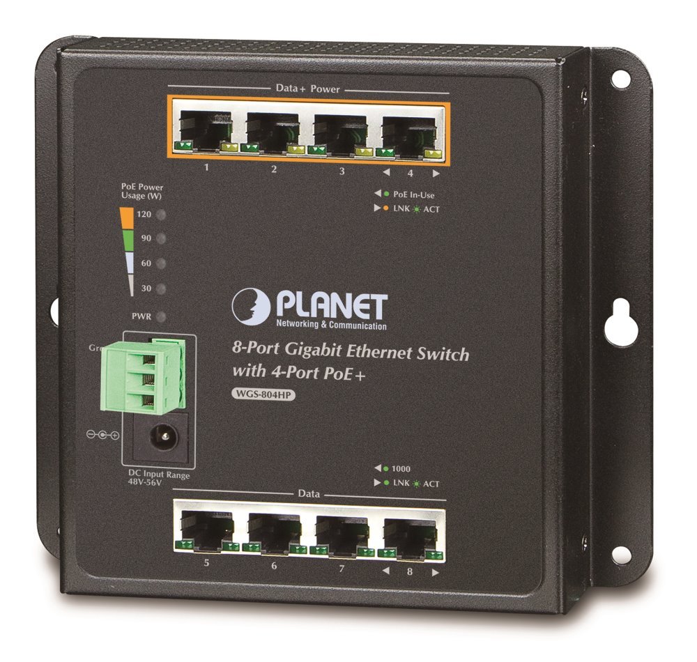Planet WGS-804HP nástěnný PoE switch 8x1000B-T, 4x PoE IEEE 802.3at <120W, DIN, kov IP30, ESD+EFT, fanless