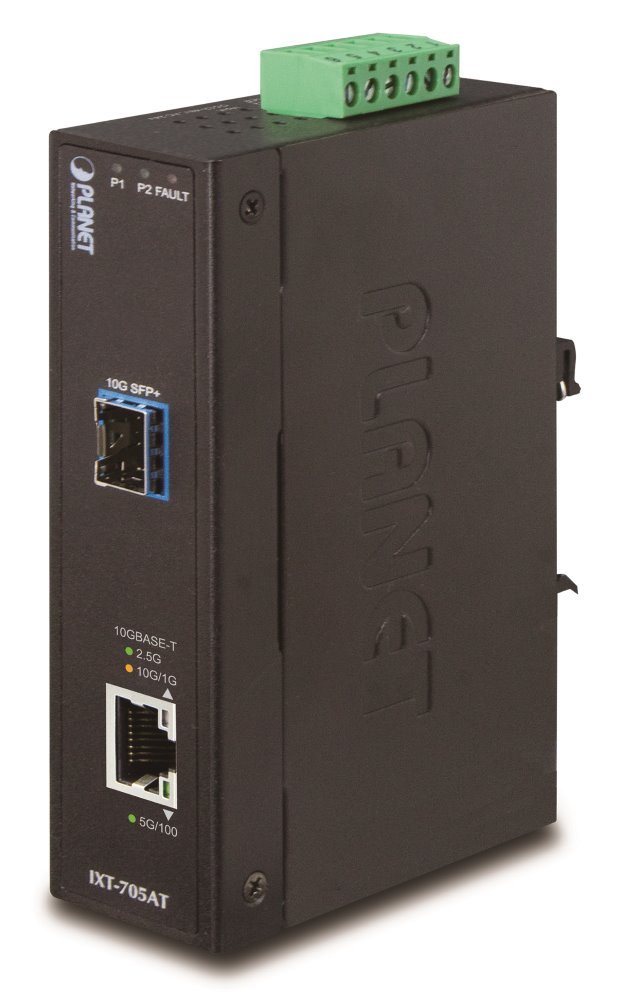 Planet IXT-705A průmyslový konvertor 10G/5G/2.5G/1G/100M / miniGBIC SFP+ 10GBASE-X, IP30, -40 až +75°C, dual power