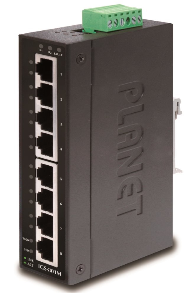 Planet IGS-801M, 8x 1000Base-T, DIN, IP30, -10 až 60°C, ESD+EFT do 6kV, Web/SNMP, VLAN, STP