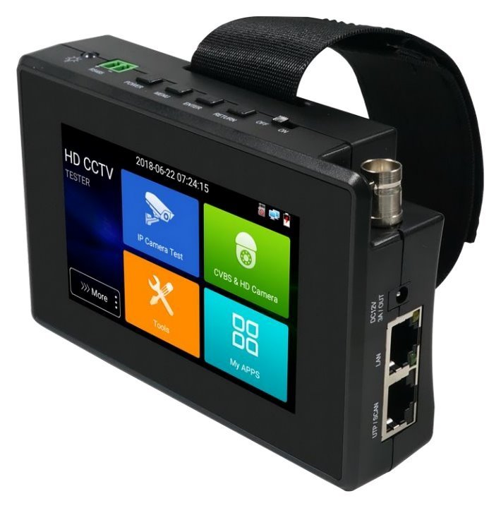 Ruční tester IP a analog kamer, 4" touchh, LAN,PoE, video-in, CVI/AHD/TVI, 12V out
