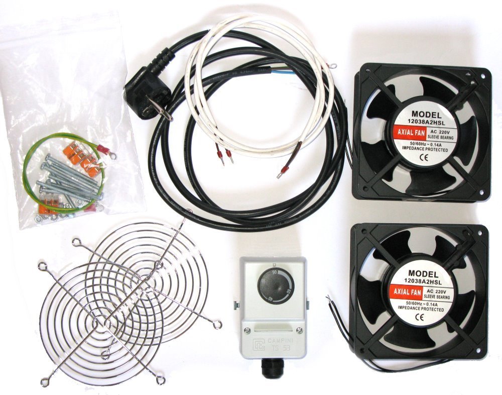 Ventilace pro nástěnné rozvaděče, termostat, 2 ventilátory,napáj.kabel, spoj. materiál