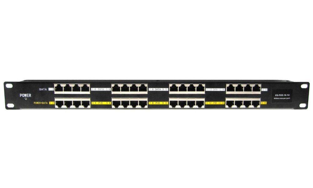 16-portový pasivní POE injektor panel do 19" racku
