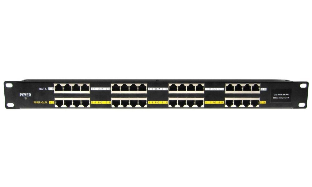 16-portový pasivní POE injektor panel do 19" racku