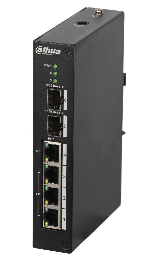 DAHUA PoE switch 3x 100Mb + 1x 1Gb + 2x SFP 1Gb, 4x PoE 802.3af/at/Hi-PoE <60W, celkem PoE 120W, DIN