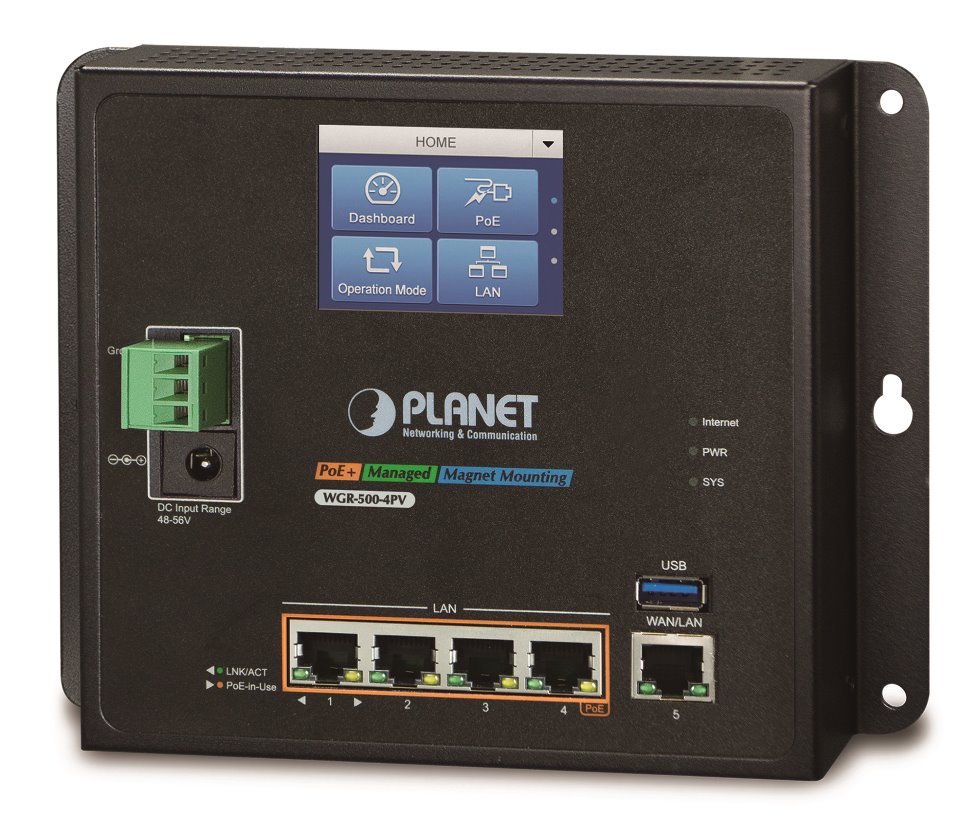 Planet WGR-500-4PV, průmyslový PoE router, 1xWAN 1Gbps, 4xLan 1Gbps, PoE 802.3at do 120W, -10 až 60°C, touch LCD