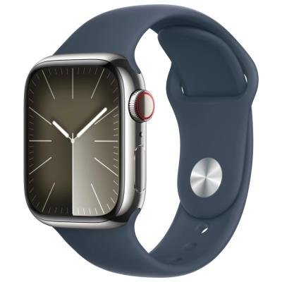 Apple Watch Series 9 Cellular 41mm Stříbrná ocel s bouřkově modrým sportovním řemínkem S/M