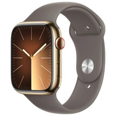 Apple Watch Series 9 Cellular 45mm Zlatá ocel s jílově šedým sportovním řemínkem M/L