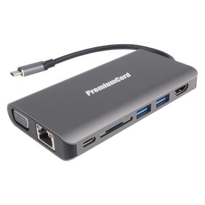 PremiumCord adaptér USB3.1 typ C na HDMI+VGA/ RJ45/ 2xUSB3.0/ SD/ 3,5mm/ PD charge
