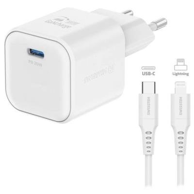 SWISSTEN SÍŤOVÝ ADAPTÉR GaN 1x USB-C 20W POWER DELIVERY BÍLÝ + DATOVÝ KABEL USB-C/LIGHTNING 1,2 M BÍLÝ