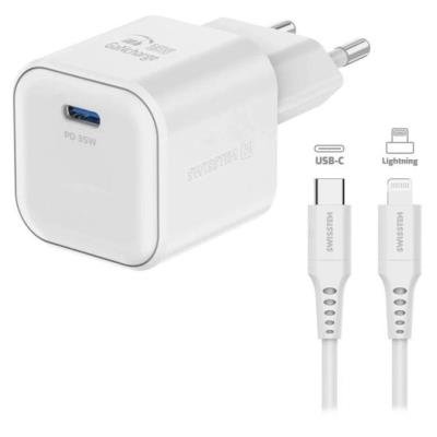 SWISSTEN GaN 1× USB-C PD 35W bílý + kabel USB-C/Lightning