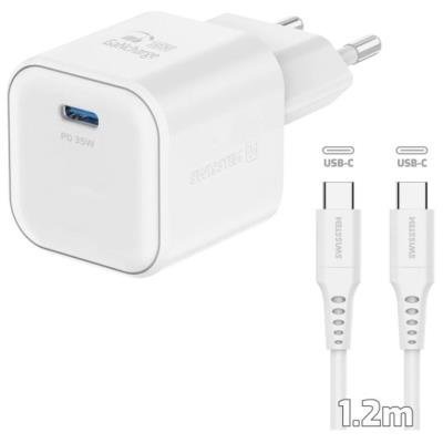 SWISSTEN SÍŤOVÝ ADAPTÉR GaN 1x USB-C 35W POWER DELIVERY BÍLÝ + DATOVÝ KABEL USB-C/USB-C 1,2 M BÍLÝ