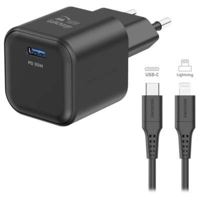 SWISSTEN GaN 1× USB-C PD 35W černý + kabel USB-C/Lightning