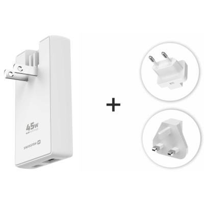 SWISSTEN cestovní adaptér GaN USB-C + USB 45W (US, EU, UK) bílý