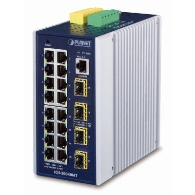 Planet IGS-20040MT, 16x 1000Base-T, 4x SFP, DIN, IP30, -40 až 75°C, WEB/SNMPv3, VLAN, IGMPv3, ESD+EFT, IPv6