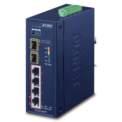 PLANET IGS-624HPT Průmyslový Switch 4x 1Gb RJ-45 + 2x 1Gb SFP, PoE+ 802.3at 36/120W, IP40, DC12-56V, -40/+75°C, fanless