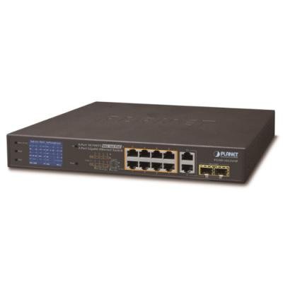 PLANET FGSD-1022VHP PoE switch, 8x100, 2x1000-TP/SFP, LCD, VLAN, extend mód 10Mb do 250m, IEEE 802.3at<120W