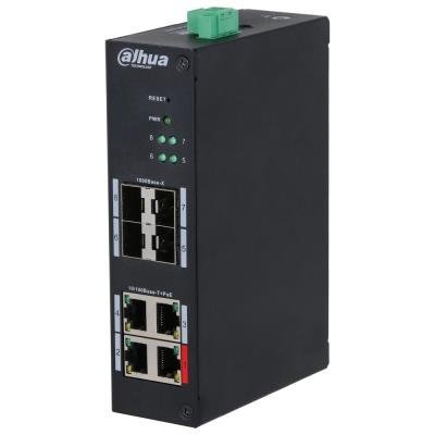 Dahua PoE L2 switch 4x 100Mb + 4x SFP 1Gb, 3xPoE 802.3af/at, 1xPoE 802.3bt/Hi-PoE do 90W, PoE celkem 96W, DIN, -30~65°C