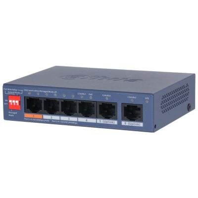 Dahua PoE switch 4x 100Mb + 2x GbE, 1x PoE 60W Hi-PoE + 3x PoE 802.3at, celkem PoE 60W, ext mód 10Mb@250m, cloud správa