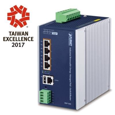 Planet BSP-360 v3 solární PoE+ router/switch, 4x LAN s PoE 802.3at, 1x LAN/WAN, PV vstup DC 24-45V, baterie, 2x 24V out