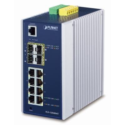 PLANET IGS-12040MT, 8x 1000Base-T, 4x SFP, DIN, IP30, -40 až 75°C, WEB/SNMPv3, VLAN, IGMPv3, ESD+EFT, IPv6