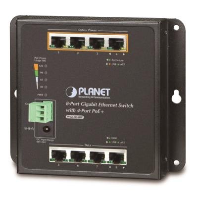 PLANET nástěnný PoE switch 8x 1Gb, 4x PoE 802.3at 30/120W, IP30, 48-56V, -10/+60st, fanless