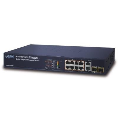 Planet FGSD-1008HPS PoE switch, 8x RJ45, 2x SFP/RJ45, Web/SNMP, STP/RSTP, extend 10Mb/s, IEEE 802.3at 125W