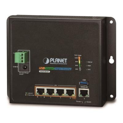 Planet WGR-500-4P, průmyslový PoE router, 1xWAN 1Gbps, 4xLan 1Gbps, PoE 802.3at do 120W, DIN, dual 48-56VDC, -10 až 60°C