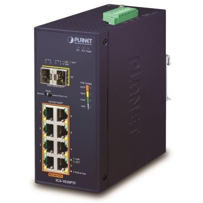 PLANET IGS-1020PTF Průmyslový L2 PoE switch, 8x1Gb + 2xSFP, 802.3at 30/240W, IP30, -40~+75°C, 48-56VDC