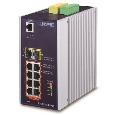 Planet IGS-6325-8UP2S průmyslový L3 PoE switch, 8x1Gb + 2x1Gb SFP, 802.3bt 90/360W, -40 až 75°C, dual 48-56VDC, fanless