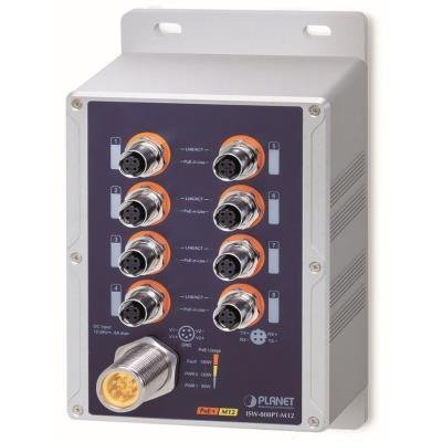 PLANET Průmyslový PoE switch 8x 100Mb, PoE 802.3at 36W/180W, IP67, -40~+75°C, 12-56VDC, M12 konektory