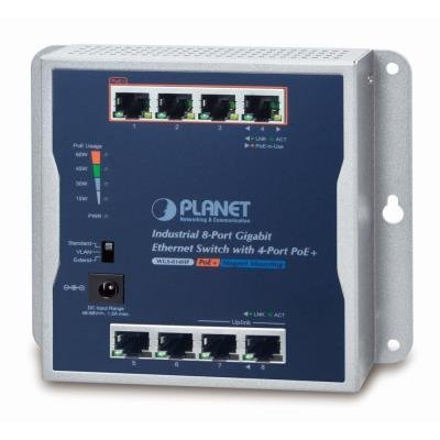 PLANET průmyslový/nástěnný PoE switch 8x 1Gb, 4x PoE 802.3at 30/60W, IP30, 48-56V, -20/+60st, fanless