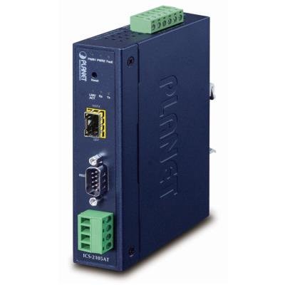 PLANET průmyslový konvertor RS-232/422/485 na IP, 1x COM, 1x 100Base-FX/SFP, 9-48VDC, -40~+75°C, IP30, SNMP+Telnet