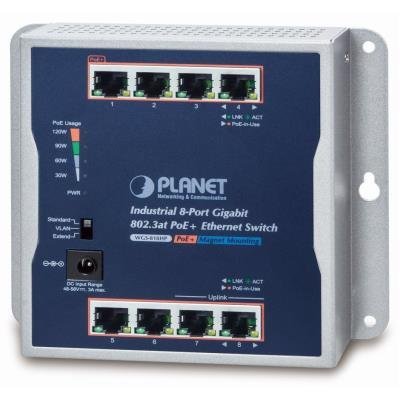 PLANET průmyslový/nástěnný PoE switch 8x 1Gb, 8x PoE 802.3at 30/120W, IP30, 48-56V, -20/+60st, fanless